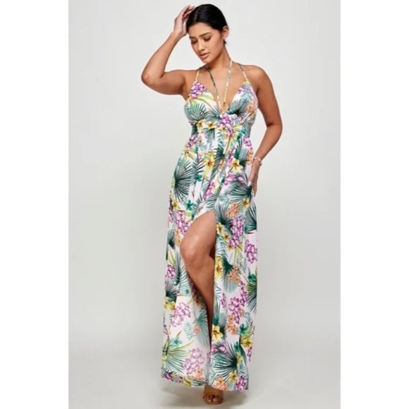Purple Tropical Floral Palm Vacation Cruise Summer Sexy Slit Maxi Halter Dress - Picture 3 of 5
